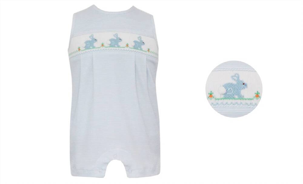 NEW PETIT BEBE boy's bunny smocked stripe knit john john in light blue
